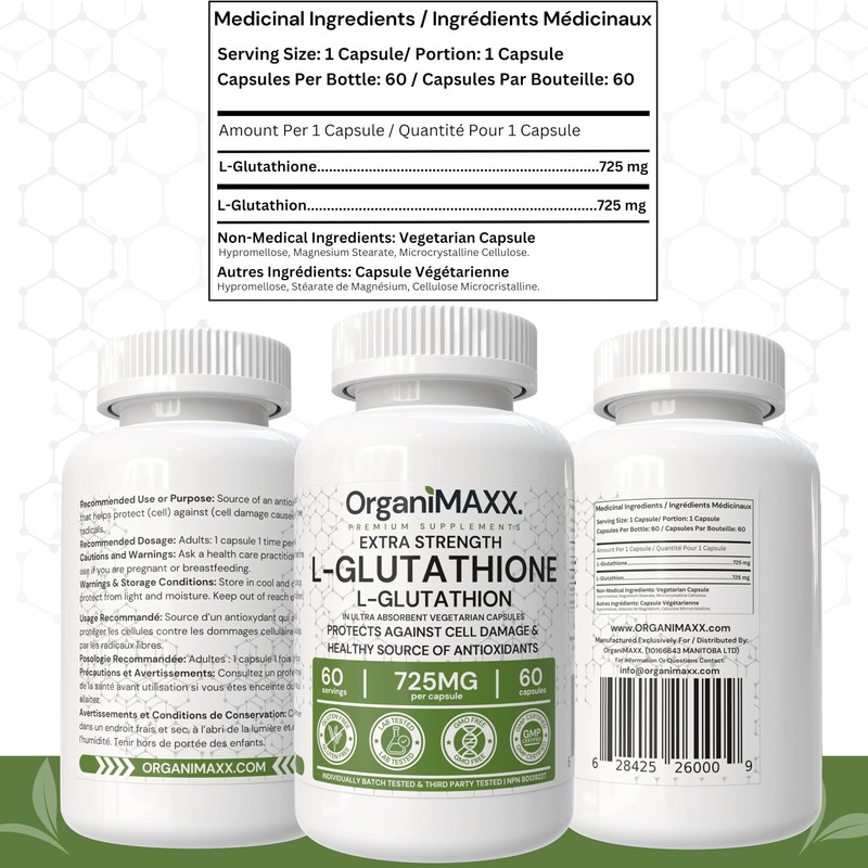 Glutathione 725mg Per Capsule OrganiMAXX L-Glutathione One A Day capsules.