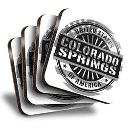 Destination Vinyl ltd Great Coasters (Set of 4) Square - BW - Colorado Springs USA American Map Drink Glossy Coasters/Tabletop Protection for Any Table Type #40538