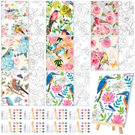 Humyoun 8 Sets Pre Printed Canvas for Painting Kits 8" x 10" Paint and Sip Party Sets Coloring Painting Panels Pre Sketched Canvas Boards with Paints and Brushes for Adult(Flower and Bird)