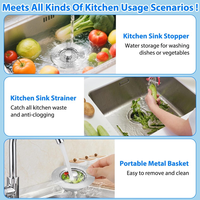 Telsitine Upgraded 3-in-1 Kitchen Sink Drain Strainer, 304 Stainless Steel