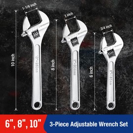 WORKPRO 3-Piece Adjustable Wrench Set, Forged Carbon Steel, Chrome-Plated, SAE & Metric Scale (6-inch, 8-inch, 10-inch)