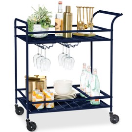 Best Choice Products Outdoor Mobile Patio Bar Cart, Home Bar Serving Cart, BBQ Side Table w/ 2 Tier Storage, Wine Rack, Lockable Wheels - Navy