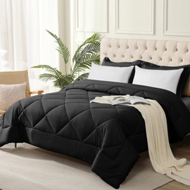 JOLLYVOGUE Queen Comforter Set with 2 Pillows, 5 Pieces Ultra-Soft Bedding Comforter Sets for All Season, Luxury Bed in a Bag Queen with Comforter, Pillow Shams and 2 Queen Pillows, Black, Queen
