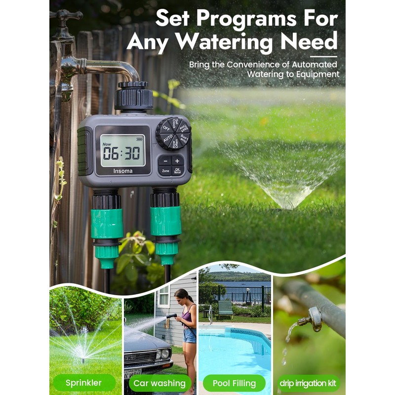 Insoma 2-Zone Sprinkler Timer, Programmable Garden Hose Timer with Auto/Manual/Rain