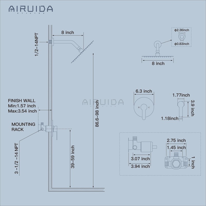 Airuida Shower Faucet Set,8 Inch Round Rainfall Shower Head,SUS304 Stainless