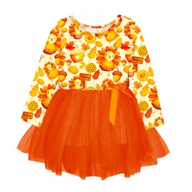 Girls Pumpkin Tulle Dress Thanksgiving Party Ruffled Swing Dresses Pilgrim Turkey Print Tutu Dress 4-5T
