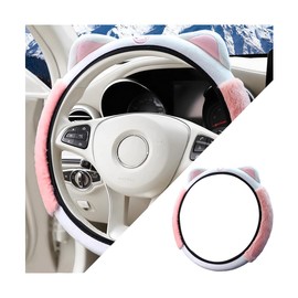 Car Steering Wheel Cover, Elastic Stretch Fluffy Soft Plush Steering Wheel Protector with Kitty Cat Ears, Cute Automotive Interior Decoration, Universal for Vehicles (Pink)