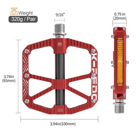 K PEDC Mountain Bike Pedals MTB Pedals,Bicycle Pedals with Reflectors,3 Sealed Bearings Aluminum Alloy Bike Pedals Wide Platform Pedals 9/16" BMX Road Bike Pedal (Red)