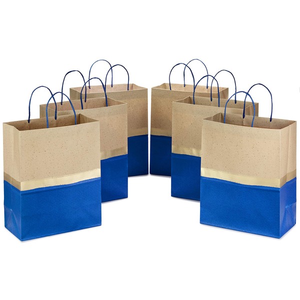 Hallmark 13" Large Paper Gift Bags (Pack of 6 - Blue & Kraft) for Hanukkah, Birthdays, Weddings, Graduations, Father's Day, Baby Showers, Bridal Showers