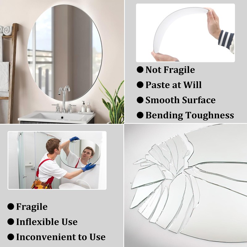 JUNEBRUSHS Oval Mirror, Acrylic Oval Bathroom Mirrors Unbreakable Frameless Wall-Mounted