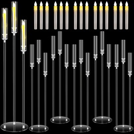 Havawish 6 Set Acrylic Candelabra Centerpieces 3 Arms with 18 LED Candles 42.5'' Floor Tall Candle Holders with Acrylic Shade Wedding Clear Table Candlesticks Stand Fit 0.8'' Candles for Party