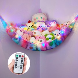 MHJY Toy Hammock Stuffed Animals Toy Storage Net with LED Light Large Corner Hanging Soft Cuddly Plush Mesh Organizer with Remote Control 8 Kinds of Llight Mode for Kids Nursery Bedroom