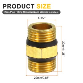 sourcing map 2Pcs Brass Pipe Fitting Reducers, G1/2" Male Threaded Hex Nipple Straight Connectors with Washer, Brass Threaded Adapter for Plumbing Water Line Connection Couplings