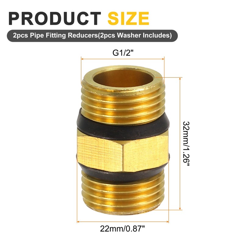 sourcing map 2Pcs Brass Pipe Fitting Reducers, G1/2" Male Threaded