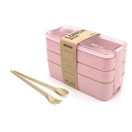 Eco-Friendly Compact Bento Lunch Box Set with Spoon, 3-in-1 Compartment Stackable Meal Prep Containers for Kids & Adults, Wheat Straw, Leakproof Pink