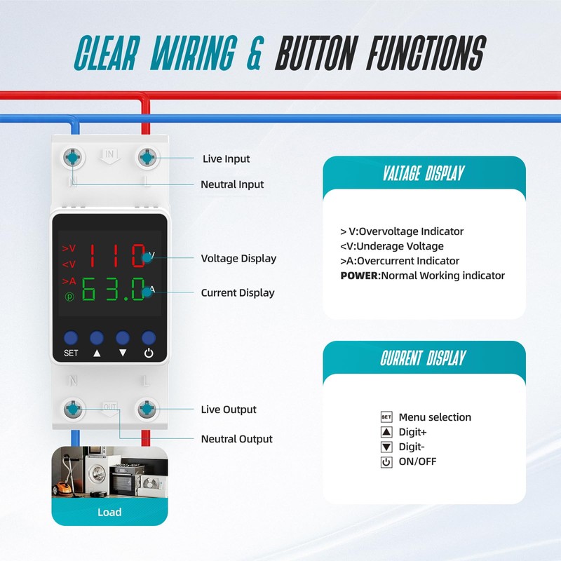 Adjustable Voltage Protector 110V, Over/Under Voltage Cutoff and Overcurrent Protection