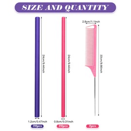 VEGCOO 42 Pcs Flexible Curling Rods Kit, 40 Pcs 9.5'' Flexi Rods in 0.3''/0.5'' Diameters with 2 Pcs Steel Pintail Comb for Long Hair, Short Hair, DIY Hair Salon