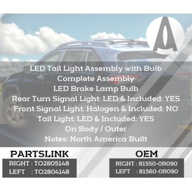 Replacement For Toyota 2019 2020 2021 2022 2023 2024 RAV4 LED Taillight Assembly Outer, Right/Passenger Side, 81550-0R090 / TO2805148C, CAPA