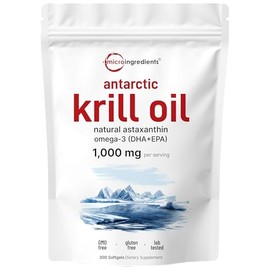 Micro Ingredients Antarctic Krill Oil Supplement with Natural Astaxanthin, 1000mg Per Serving, 300 Soft-Gels, Rich in Omega-3s EPA & DHA, Supports Immune System & Brain Health, Easy to Swallow
