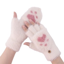 Fingerless Gloves Women's Girls Cover Reversible Gloves Plush Half Gloves Children's Cat Paw Gloves Warm Winter Gloves Winter Half Finger Gloves Warm Mittens, White