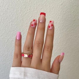 French Tip Press on Nails Medium Red Pink Love Heart False Nails with Design Valentine's Day Fake Nails Square Acrylic Nails Full Cover Glossy Artificial Coffin Nails, Glue on Nails for Women 24Pcs