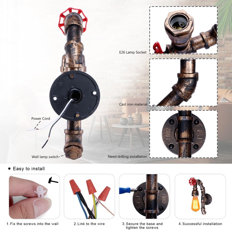 XEYOU Retro Wall lamp Vintage Industrial Steampunk Wall Sconce with