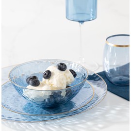 PLASTICPRO 30 Pack 12 Ounce Hammered Plastic Bowls Translucent Blue with Gold Rim Heavyweight Disposable Plastic Soup Bowls Elegant Translucent Hammered Gold Rim Platsic Party Dishes