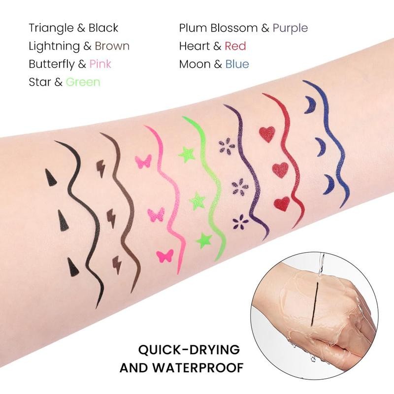 7Pcs Colored Winged Eyeliners Face Stamp Set, Star Flowers Heart