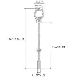 1/4" x 6" Eye Bolt, 304 Stainless Steel Eye Bolts with Nuts Washers, Heavy Duty Shoulder Lifting Threaded Ring Eye Bolt for Hanging Item, 5 PCS
