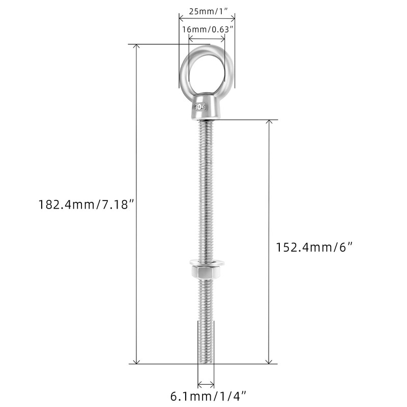 1/4" x 6" Eye Bolt, 304 Stainless Steel Eye Bolts
