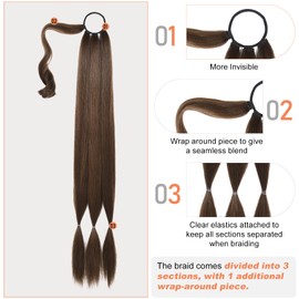 SEIKEA Upgraded Long Braid Ponytail Extension with Elastic Tie Straight Sleek Wrap Around Braid Hair Extensions Ponytail Chestnut Brown 34 Inch (After Braided 30 Inch)