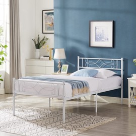 VECELO 14" Twin Size White Metal Platform Bed Frame with Headboard,Premium Steel Slat Support/No Box Spring Needed/Noise-Free/Easy Assembly