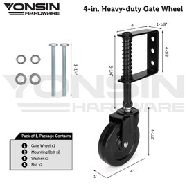 YONSIN 4" Heavy Duty Spring Loaded Gate Caster, Drag Gate Wheels with 360° Swivel for Wooden Gate Fence, Metal Tube Gate, Anti Sag Gate Kit, 200 Lbs Capacity, 1 Pac, Black