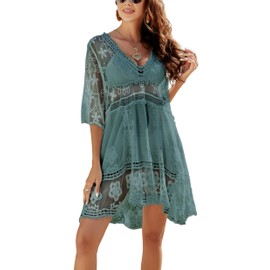 Jeasona Swimsuit Coverups for Women Lace Beach Cover Up Bathing Suit Swim Dress (Green)