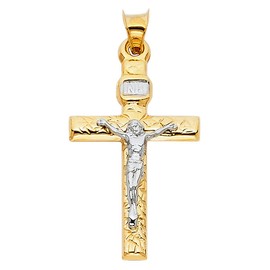 14K Two Tone Gold Crucifix Cross Religious Charm Pendant - 31x20 MM Real Gold Crucifix Charm Necklace Pendant - Great Gift for Men and Women