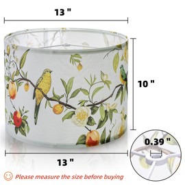 ELFULLY 2 Pack Round Drum Lamp Shades, Linen 13" x 13" x 10" Lampshades with Floral and Bird Print, Modern Farmhouse Barrel Lamp Covers Fit with Spider for Tablelamp, Floor Lamps, Easy to Assemble