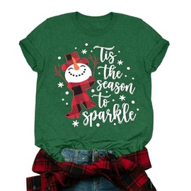 Christmas Snowman Graphic Shirt Women Buffalo Plaid Xmas T-Shirts Tis The Season to Sparkle Holiday Tee Tops (Green1, M)
