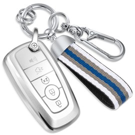Coverforkey for Ford Key Fob Cover with Nylon Webbing Keychain, Fashionable Matte Metallic Soft Case for for Fusion Mustang F150-350 Edge Explorer Lincoln etc. (5 Button) Shell (Silver, B)