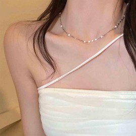 Aneneiceera Bohemian Pearl Necklace Choker Necklace Silver Beads Pearl Necklace Multi Pearl Necklace Tiny Floating Pearl Necklace Jewellery for Women, Zinc