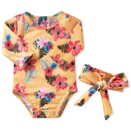 Newborn Infant Baby Girls One Piece Long Sleeve Swimsuit Floral Bathing Suit Swimwear Beach Wear 0-3 Months Yellow