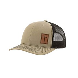 Heritage Pride Men's Christian Cross Worship Prayer God Laser Engraved Leather Patch Mesh Back Trucker Hat, Khaki/Coffee