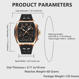 Mens Watches for Men Unique Rectangle Watches Military Digital Analog Sports Outdoor Watch White Wristwatch with Alarm,Stopwatch,Countdown,Hourly Chime,Luminous and Waterproof Multi-Function Watch