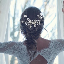 Wedding Hair Accessories - 4 Pieces Bridal Hair Comb and U Shaped Hair Pins with Crystal Beads for Women and Girls, Silver