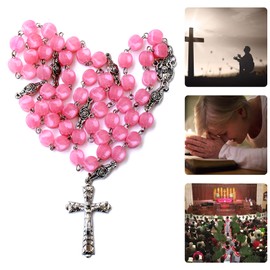 Rosary Prayer Beads Cross Necklace Bracelet First Holy Communion Baptism Christening Decorations Gifts for Girls Boys Women, Pink