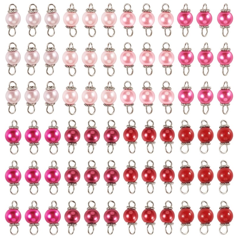 Pandahall 80Pcs Glass Pearl Connector Charms 13mm Pastel Pink Red