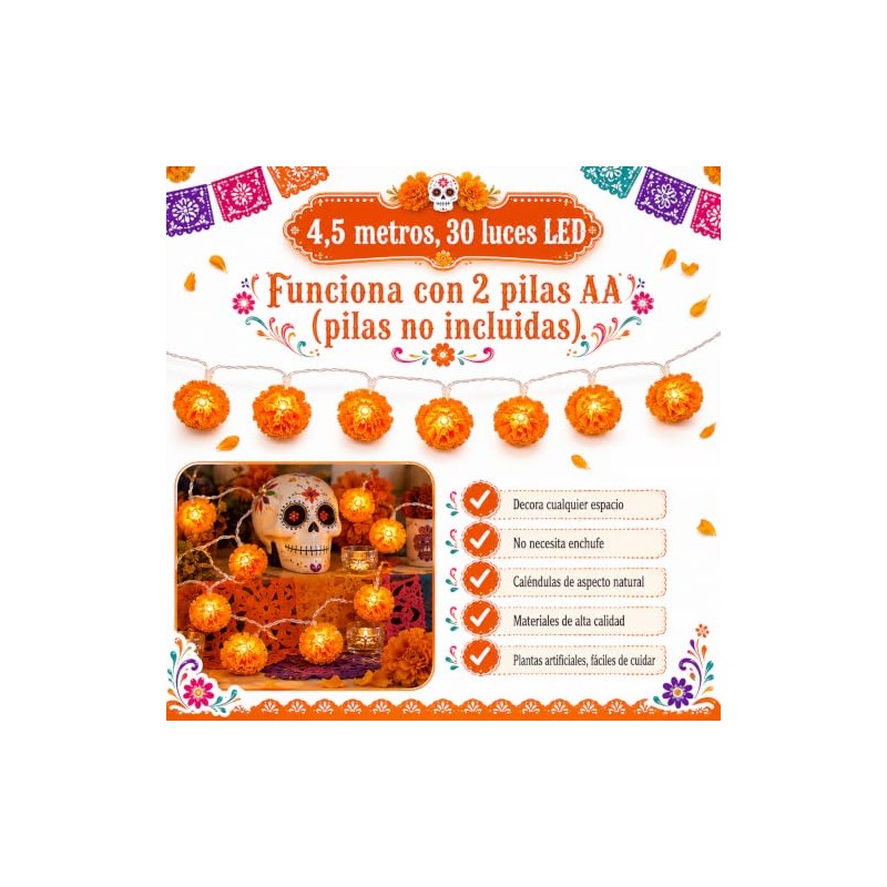 Guirnalda LED de Flores de Cempasúchil 4.5m 30 Luces, 8