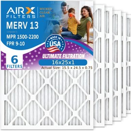 16x25x1 Air Filter by AIRX FILTERS WICKED CLEAN AIR. MERV 13 Electrostatic Pleated Air Conditioner Filter 6 Pack HVAC AC Furnace Filters 16x25x1