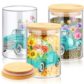 SiliFine 3 Pcs Spring Decorations for Home Glass Spring Food Storage Jar with Wooden Lid Spring Canisters Sets for Kitchen Organizer 22 oz Flower Mason Jars Clear Bamboo Sugar Coffee Canning Jar