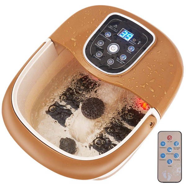ReunionG Foot Spa Bath Massager with All in One Function, Foot Soaking Tub with w/Heating & Surfing, Pedicure Machines with Bubble and Surfing, Deep Foot Bath w/Remote Controller and Roller (Brown)