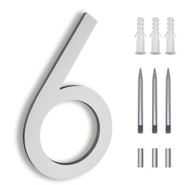 8 Inch Floating House Numbers, Address Numbers for Outside, Metal Silver Large Modern House Numbers, Door Numbers for Mount Aluminum Silver Number 6